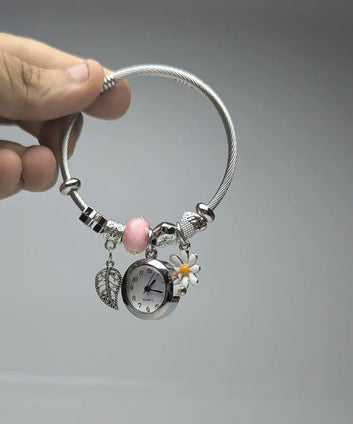 Dainty Gold Round Charms Bracelet Watch For Momen